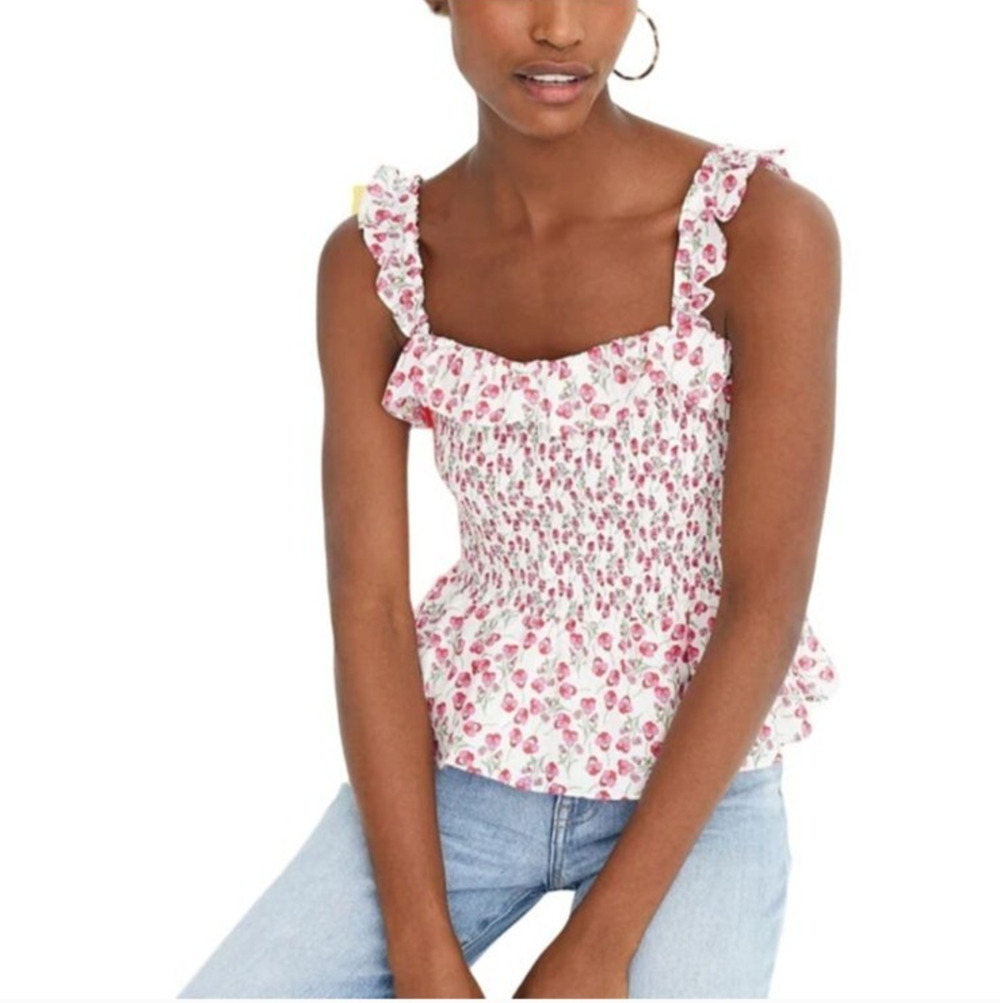 J.Crew Liberty London Cottagecore Tank Top S Smocked Ruffle Peplum Milkmaid Pink